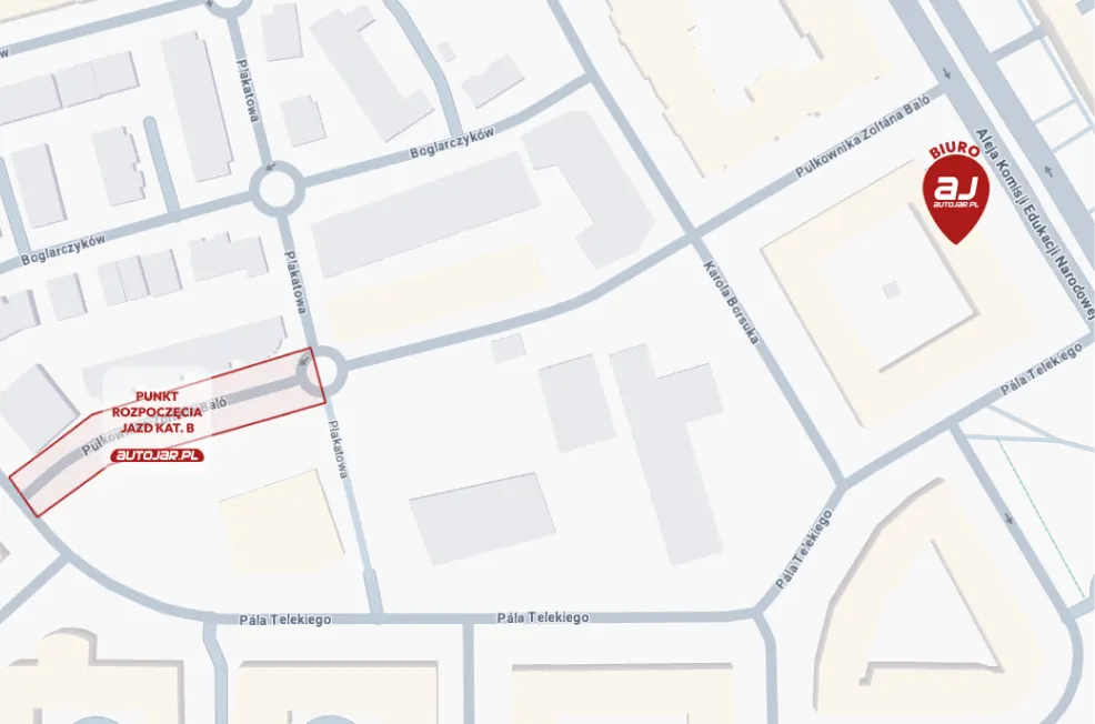 Mapa dojazdu: biuro Autojar przy Al. KEN 15 i punkt rozpoczęcia jazd kat. B